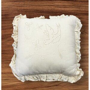 Shabby Chic Throw Pillow Vintage Bird Textured Lace Edge Cream Off White Decor